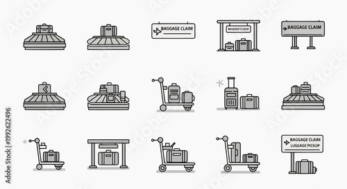 Collection of graphic icons depicting airport and travel-related elements such as baggage carts, luggage, and check-in counters