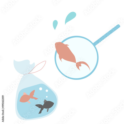 金魚掬いのシンプルなイラスト 涼しげな水中の夏素材 goldfish illustration vector