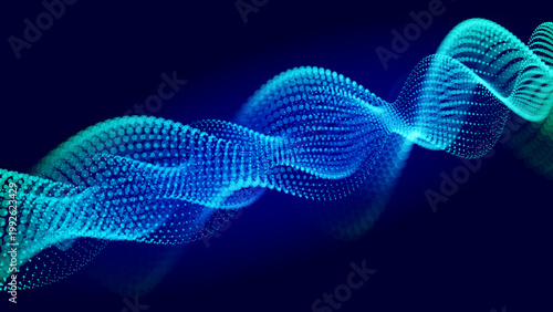 A dynamic vector illustration of a twisting particle wave in blue and green gradients. The abstract helix form suggests technology, science, and data flow on a dark background.
