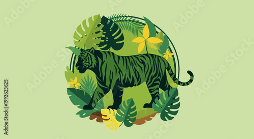 Vibrant jungle illustration featuring a majestic green tiger surrounded by lush tropical foliage and exotic plants, symbolizing wild nature and ecological harmony