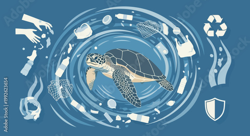 Majestic Sea Turtle Swimming Amidst Swirling Ocean Plastic Pollution, Highlighting the Critical Need for Marine Conservation and Environmental Protection