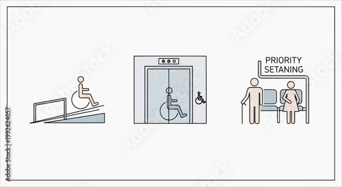 Accessibility symbols ramp, elevator, and priority seating for people with disabilities