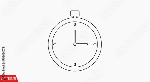 Simple line drawing of a classic stopwatch or timer with hands indicating a specific time, set against a clean white background