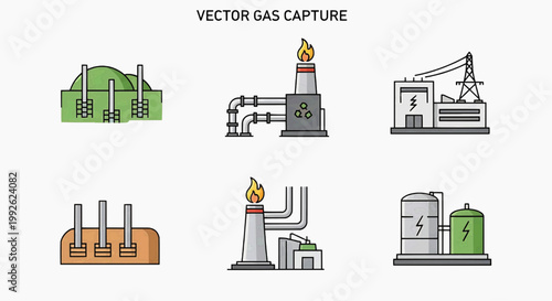 Vector icons depicting essential industrial facilities for gas processing, energy generation, and environmental emission capture infrastructure concepts
