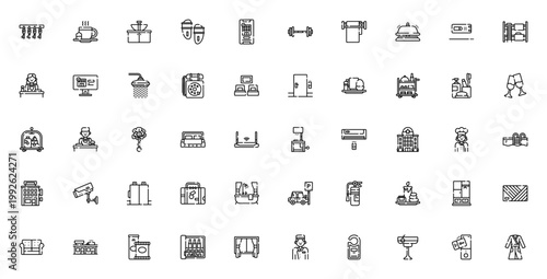 Hotel icon set. Vector illustration of hotel services and amenities. Includes keys, bed, wifi, pool, luggage, breakfast, reception and more. Editable stroke.