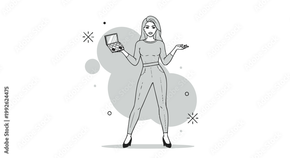 Obraz premium Woman holding makeup palette and showing empty hand, fashion, beauty, style, illustration