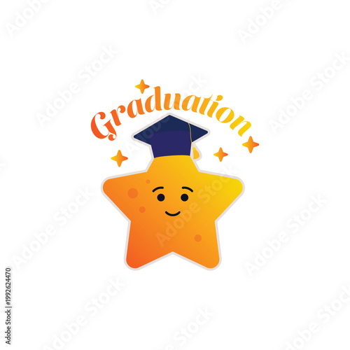 Cute star character wearing a graduation cap. Vibrant orange gradient vector illustration, perfect for preschool graduation, kids' achievements, and school celebration designs.