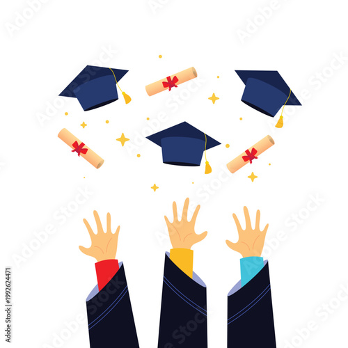 Graduation celebration vector with hands throwing academic caps and diplomas. Perfect for university ceremony banners, posters, and educational achievement designs.