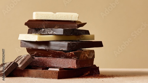 Stacked chocolate bars of various flavors on a neutral background