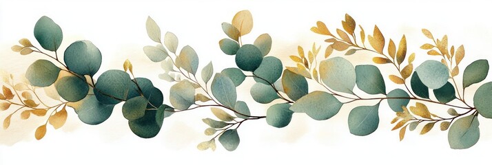 watercolor eucalyptus garland with green and golden leaves on white background, serene elegant botanical border