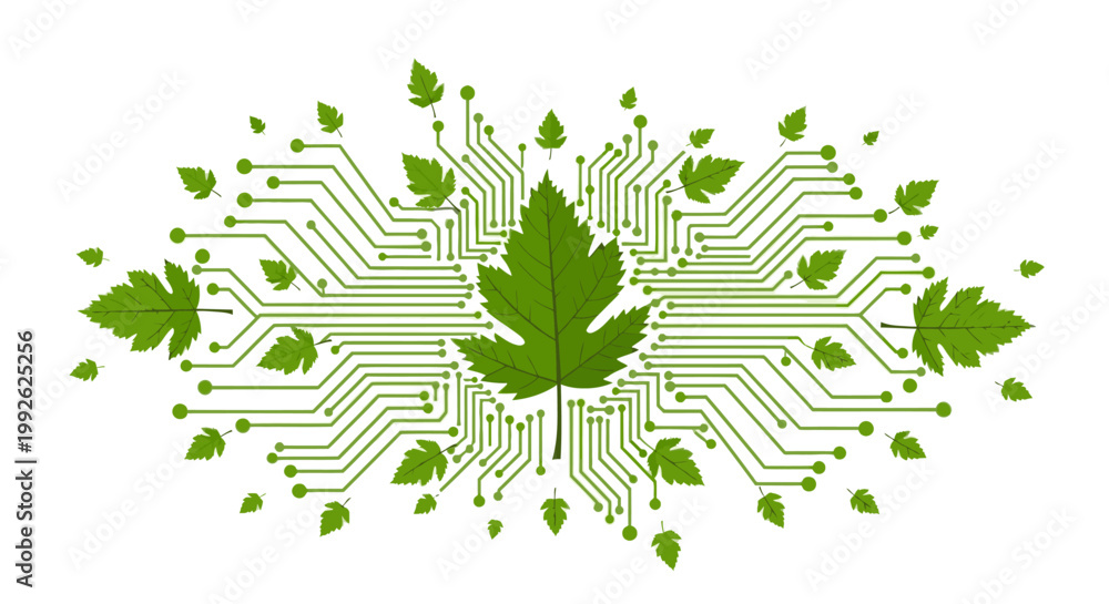 Obraz premium Green circuit board with leaves and microchip components on a white background, symbolizing eco-friendly technology.