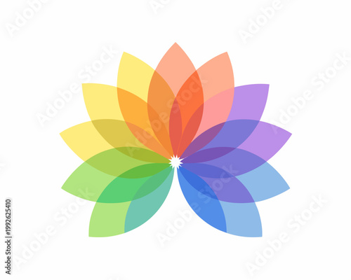 A colorful abstract flower design composed of overlapping translucent petals