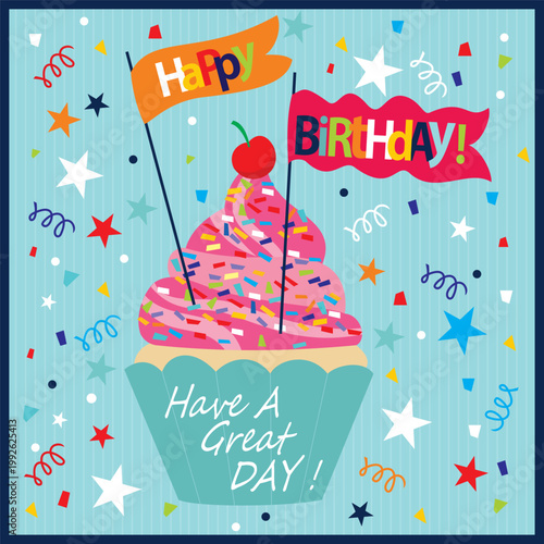 Happy birthday card with cup cake and flag