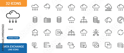 Cloud data exchange line icons set, modern editable stroke vector collection for networking, storage, synchronization, analytics, and digital infrastructure design