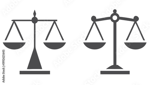 Two gray scales of justice depicted against a solid black background