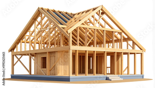 Wooden House Frame Structure Under Construction Isolated on White Background - Residential Building Development and Architecture Concept