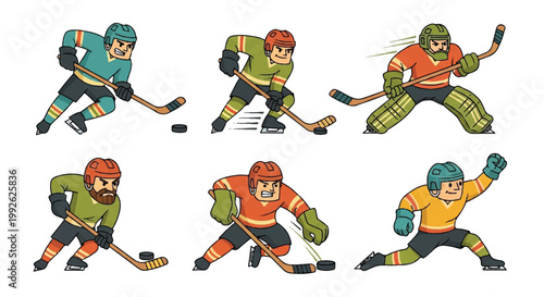 Hockey players in action cartoon style set
