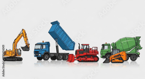 Collection of construction vehicles and heavy machinery toys.