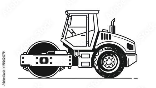 Road Roller Construction Vehicle Vector Illustration Line Art, Side View Compactor Icon for Engineering and Building Projects