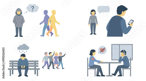 Illustrations depicting social isolation, loneliness, communication barriers, and digital distraction in various interpersonal scenarios.