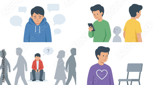 Illustrations depicting young people experiencing loneliness, social isolation, sadness, and mental health challenges in various scenarios.