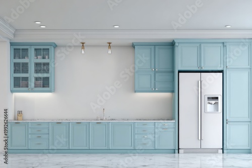 Light blue kitchen cabinets and white refrigerator create a clean, modern look.