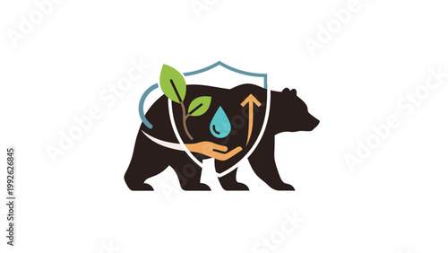 A black bear silhouette with a shield containing a leaf, water droplet, and arrows on a white background, conveying eco-friendly protection.