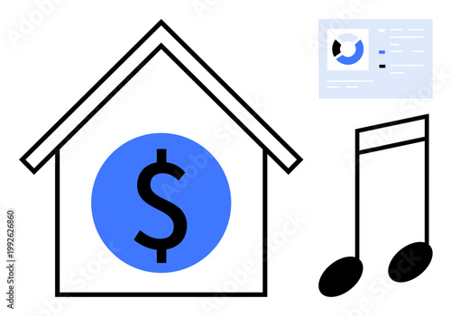 Financial concept. Dollar symbol in a house economic stability. Analytical chart highlights financial planning. Music note suggests creative income streams. Ideal for finance, investment, creative