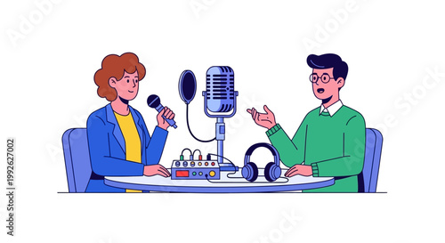 Two people recording a podcast together.