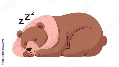 A brown bear sleeps peacefully on a pink neck pillow with a serene expression on a white background.