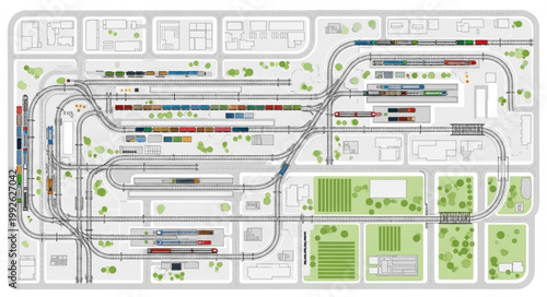 Detailed miniature train set layout with tracks and buildings.