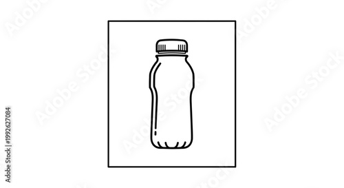 Minimalist black and white illustration of a plastic bottle with a cap inside a square frame.