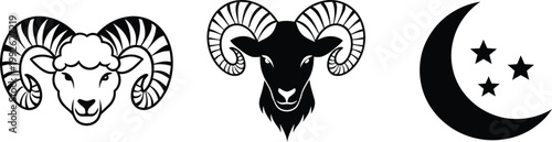 Black and white illustration of rams and a crescent moon with stars