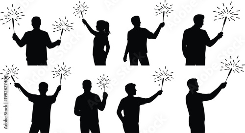 People silhouettes holding sparklers, festive celebration concept for holiday events, party night and joyful moments