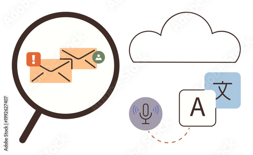 Cybersecurity, email communication, translation tools, voice recognition, multilingual access, data flow. Magnifying glass over emails and translation icons with cloud. Cybersecurity and email