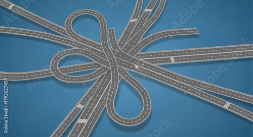 Complex highway interchange with multiple lanes and ramps.