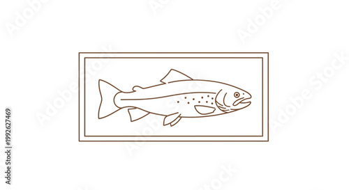 Line art illustration of a salmon fish inside a rectangular frame, simple design