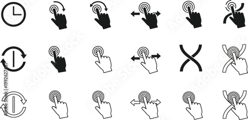 Collection of black and white hand gesture icons depicting touch interactions