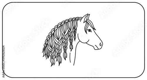 Elegant Horse Head with Braided Mane - Black and White Line Art