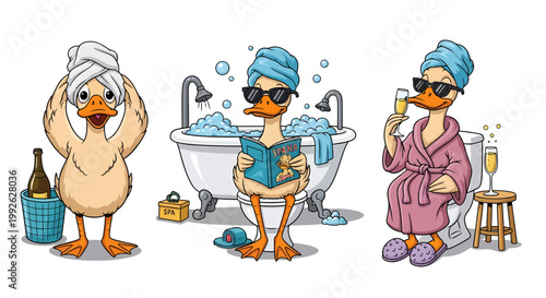 Charming cartoon ducks illustrate a comical and luxurious self-care routine, featuring pampered spa moments, relaxing bubble baths, and indulgent champagne celebration