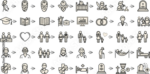 Life cycle stages from birth education career family and aging to death