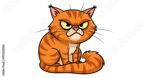 Angry orange tabby cat with a striped tail and furrowed brow, looking intensely with sharp, judgmental eyes
