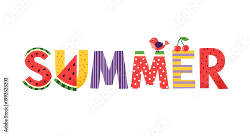 SUMMER written in colorful, playful alphabet letters decorated with summer fruits like watermelon and cherries, and cheerful patterns, representing a vibrant summer holiday celebration