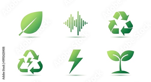 Green eco icon set with leaf, recycle, and nature symbols in clean vector design representing environmental conservation and organic energy