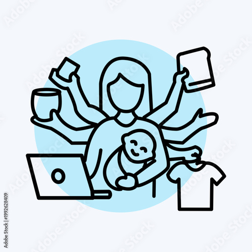 Busy mom balance line icon. A minimalist icon that shows a mother's multitasking abilities by balancing baby care, work, and household chores.