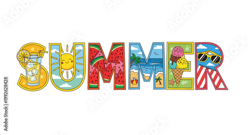 Vibrant and Playful Summer Word Art Illustration with Festive Seasonal Elements, Perfect for Holiday Decorations and Sunny Promotions