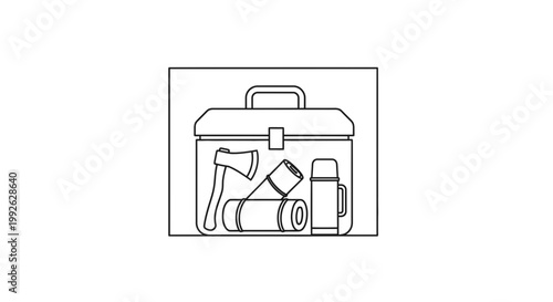 Camping Gear Kit Icon: Axe, Sleeping Roll, Thermos in Toolbox - Outline Vector