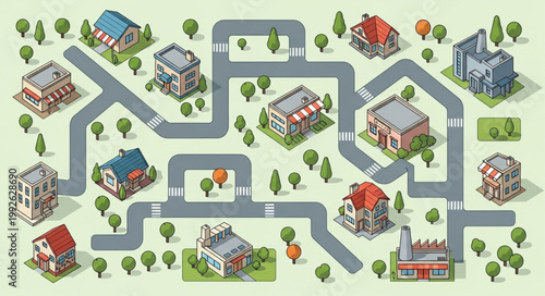 Isometric Town Map with Buildings and Roads.