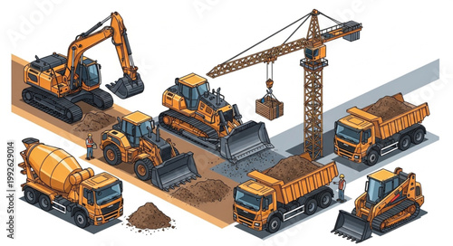 Construction vehicles and heavy machinery on a worksite illustration.