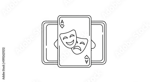 Ace of Hearts Playing Card with Comedy and Tragedy Masks - Line Art